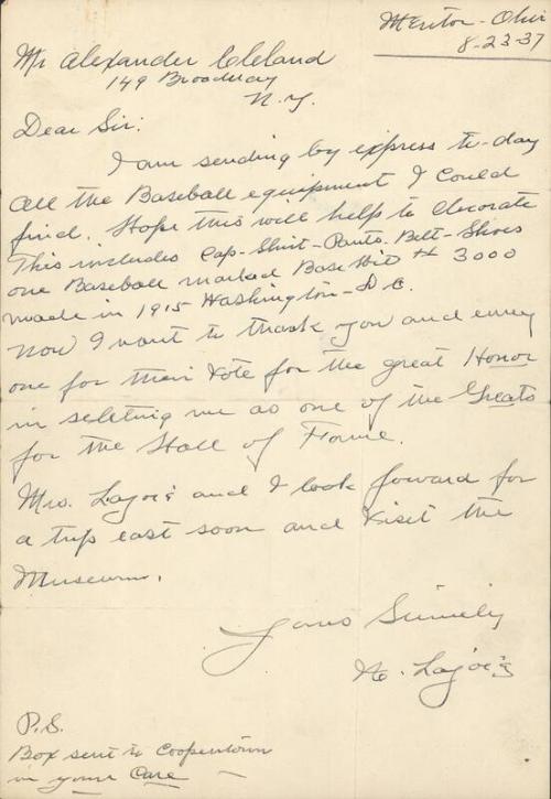 Letter from Nap Lajoie to Alexander Cleland, 1937 August 23