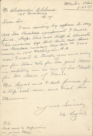 Letter from Nap Lajoie to Alexander Cleland, 1937 August 23