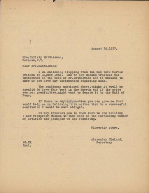 Letter from Alexander Cleland to Mrs. Christy Mathewson, 1937 August 30