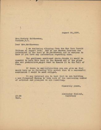 Letter from Alexander Cleland to Mrs. Christy Mathewson, 1937 August 30