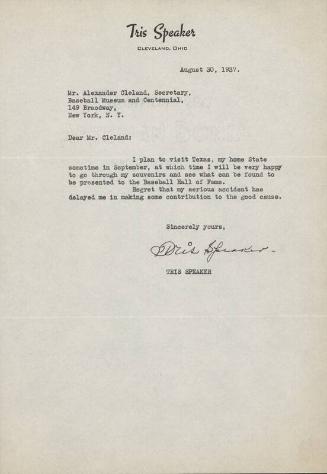 Letter from Tris Speaker to Alexander Cleland, 1937 August 30