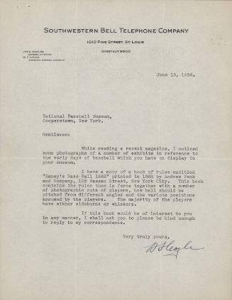 Letter from W. F. Coyle to National Baseball Museum, 1938 June 13