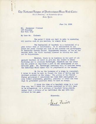 Letter from Ford Frick to Alexander Cleland, 1938 June 14