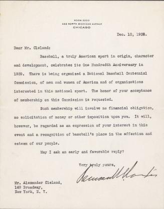 Letter from Commissioner Landis to Alexander Cleland, 1938 December 10