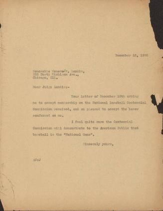 Letter from Alexander Cleland to Commissioner Landis, 1938 December 12