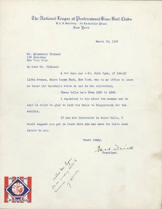 Letter from Ford Frick to Alexander Cleland, 1939 April 12