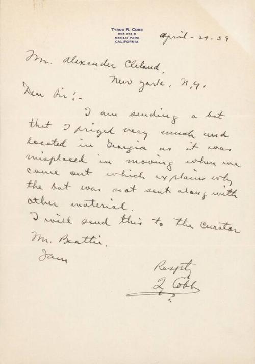 Letter from Ty Cobb to Alexander Cleland, 1939 April 29