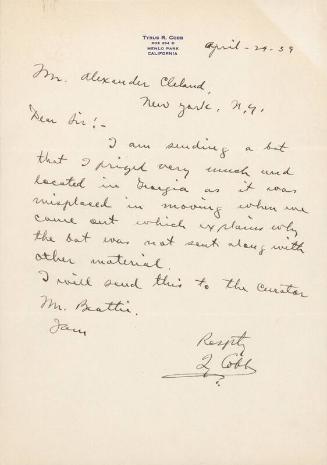 Letter from Ty Cobb to Alexander Cleland, 1939 April 29