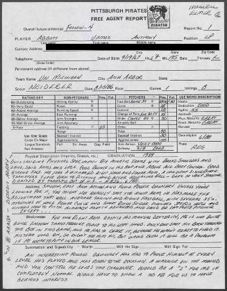 Jim Abbott scouting report, 1986 August 15