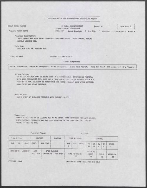 Terry Adams scouting report, 1995 July 02