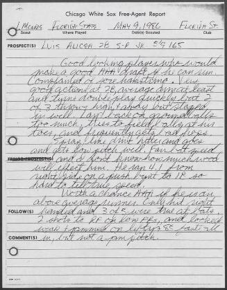 Luis Alicea scouting report, 1986 May 09