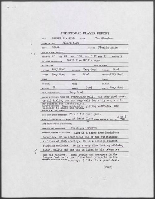 Felipe Alou scouting report, 1956 August 27
