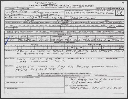 Moises Alou scouting report, 1990 July 30