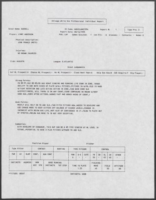 Jimmy Anderson scouting report, 1995 August 16