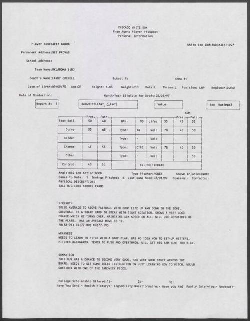 Jeff Andra scouting report, 1997 March 01