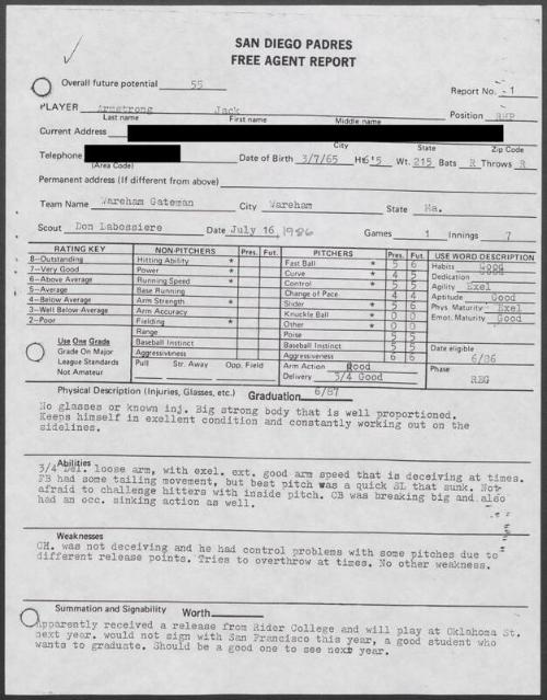 Jack Armstrong scouting report, 1986 July 16