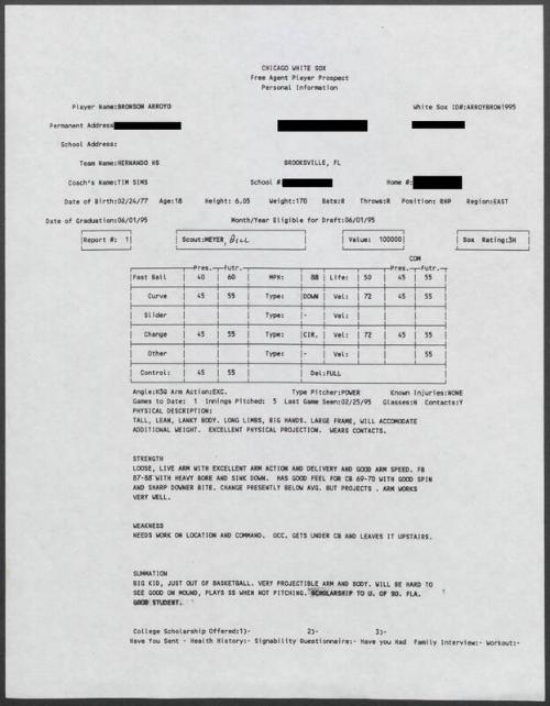 Bronson Arroyo scouting report, 1995 February 25