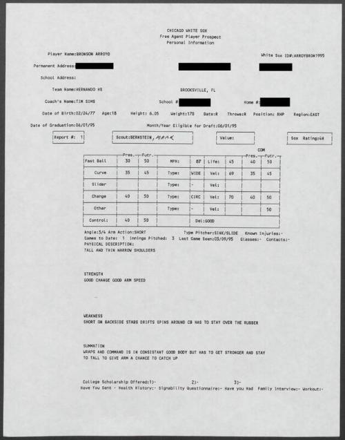 Bronson Arroyo scouting report, 1995 March 09