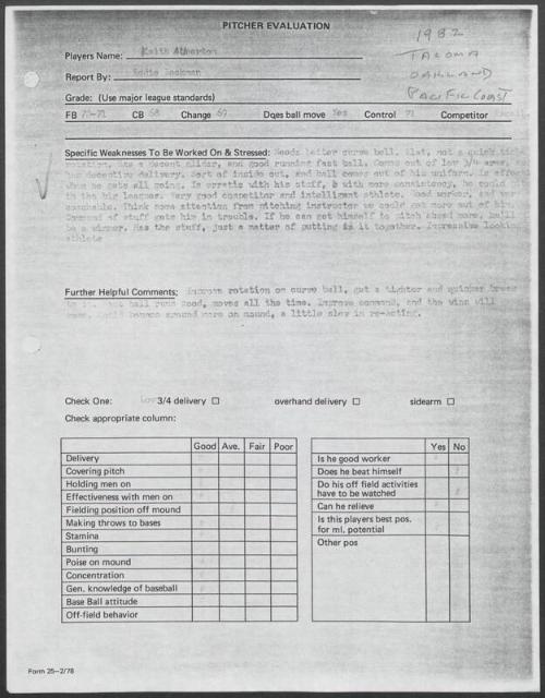 Keith Atherton scouting report, 1982