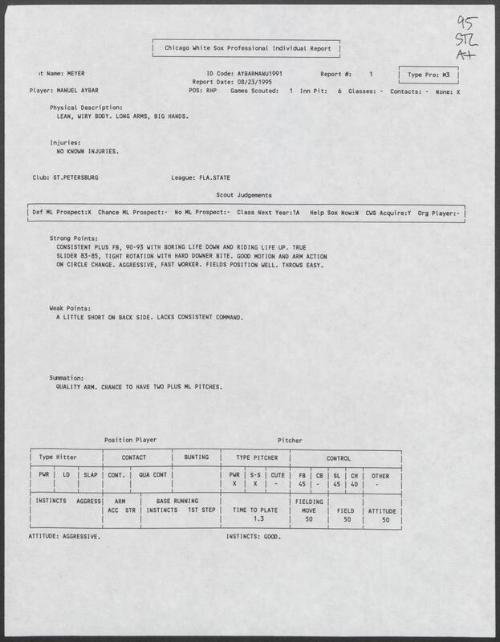 Manny Aybar scouting report, 1995 August 23