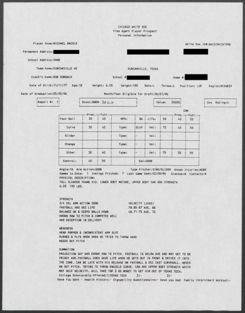 Mike Bacsik scouting report, 1996 March 09