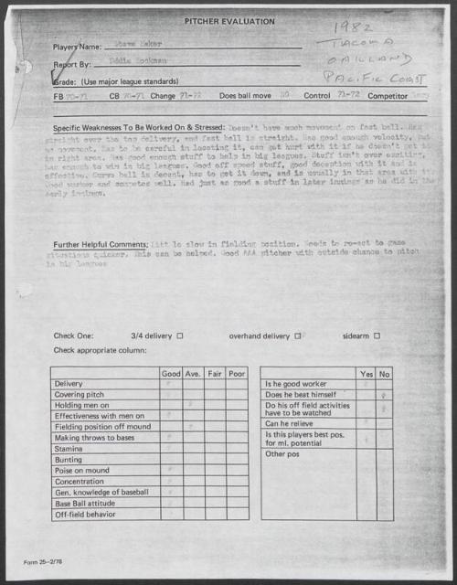 Steve Baker scouting report, 1982