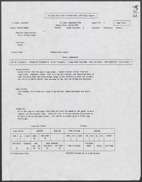 Brian Banks scouting report, 1995 June 26