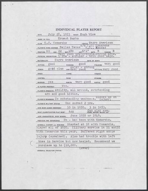 Ernie Banks scouting report, 1953 July 28