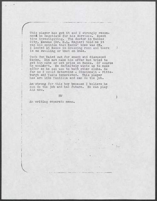 Ernie Banks scouting report, 1953 July 28