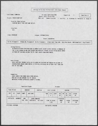 Travis Baptist scouting report, 1995 July 21