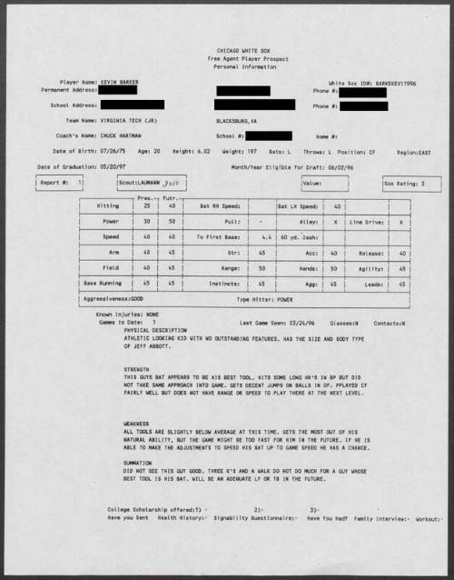 Kevin Barker scouting report, 1996 March 24