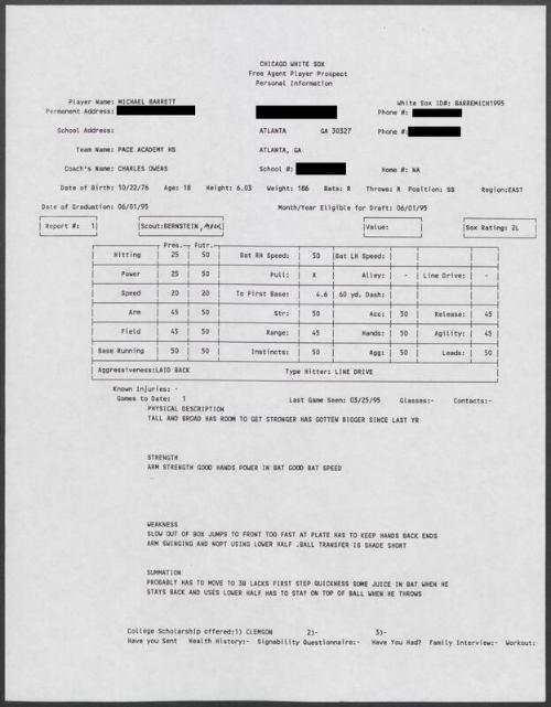 Michael Barrett scouting report, 1995 March 25