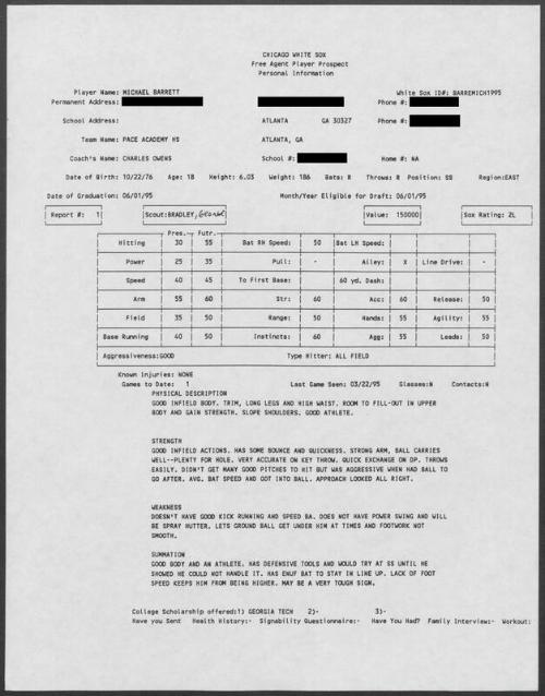 Michael Barrett scouting report, 1995 March 22