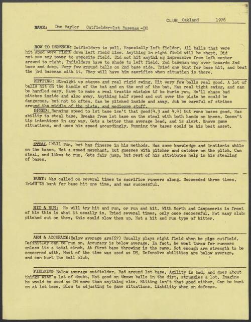 Don Baylor scouting report, 1976