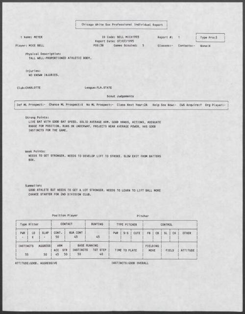 Mike J. Bell scouting report, 1995 July 07