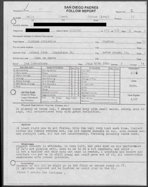 Albert Belle scouting report, 1986 July