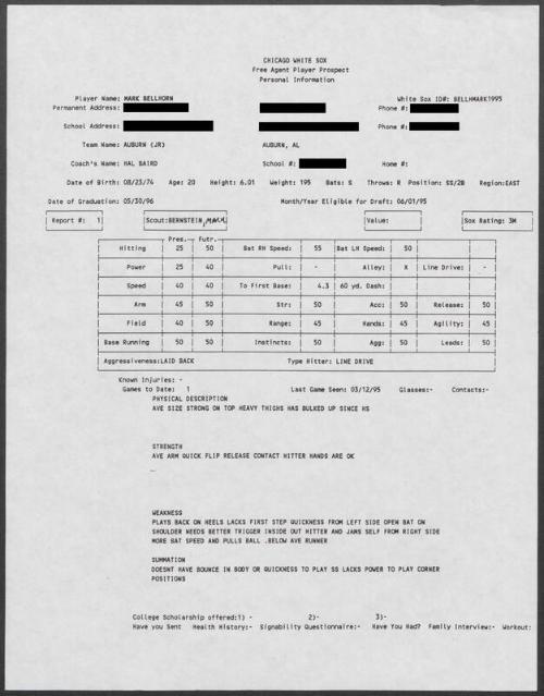 Mark Bellhorn scouting report, 1995 March 12