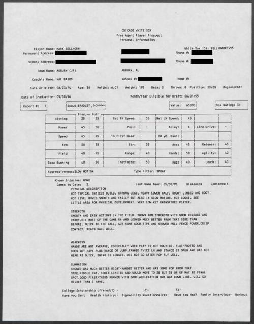 Mark Bellhorn scouting report, 1995 May 07