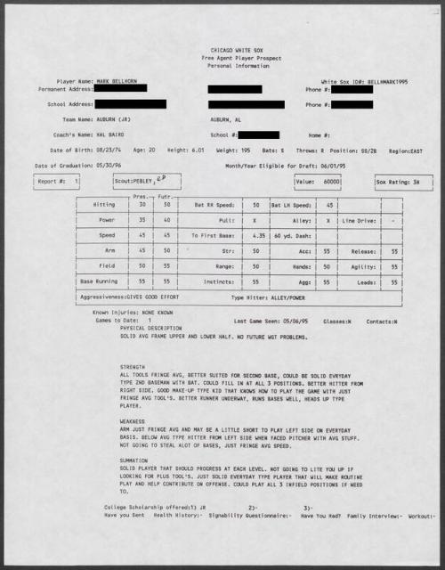 Mark Bellhorn scouting report, 1995 May 06