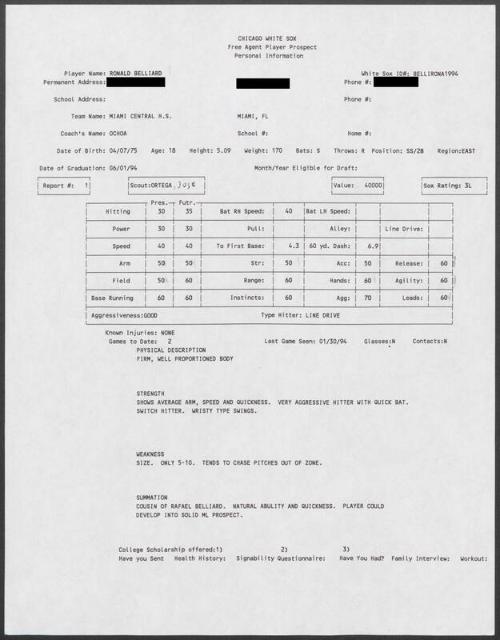Ron Belliard scouting report, 1994 January 30
