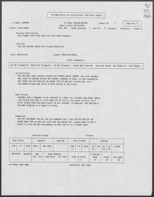 Alan Benes scouting report, 1995 September 10