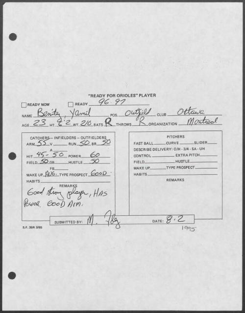 Yamil Benitez scouting report, 1995 August 02