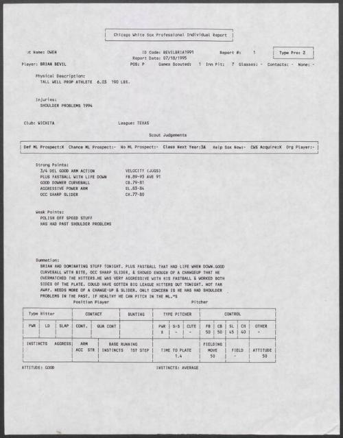 Brian Bevil scouting report, 1995 July 18