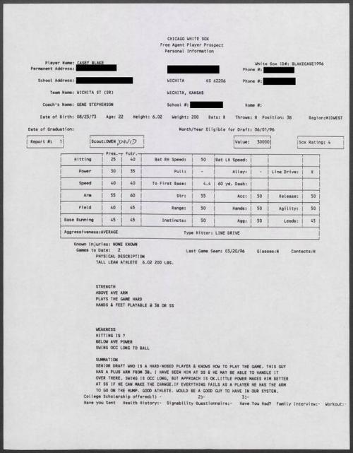 Casey Blake scouting report, 1996 March 20