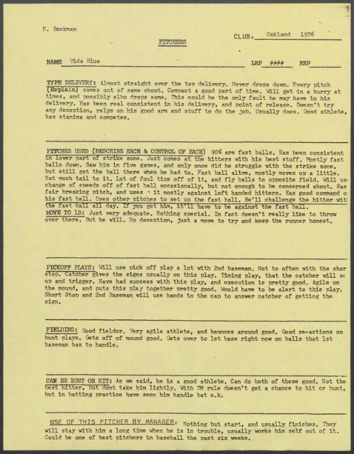 Vida Blue scouting report, 1976 September