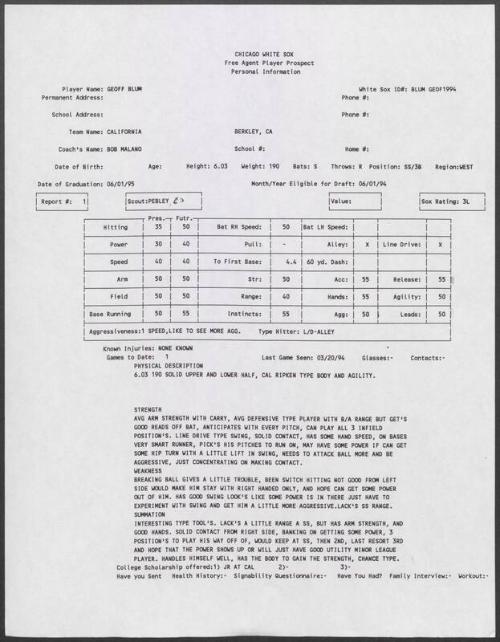 Geoff Blum scouting report, 1994 March 20