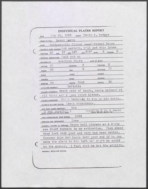 Hank Aaron scouting report, 1952 May 26