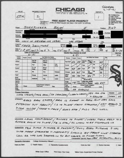 Brian Boehringer scouting report, 1991 February 05