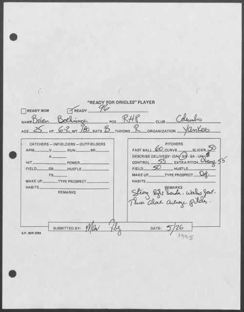 Brian Boehringer scouting report, 1995 May 26