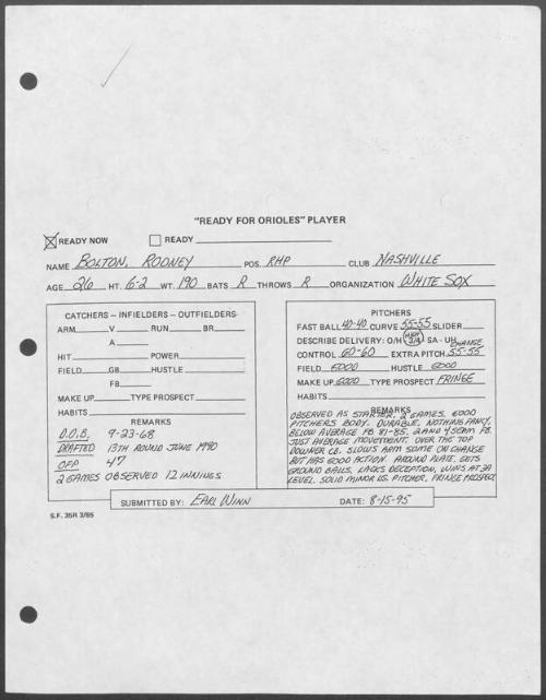 Rod Bolton scouting report, 1995 August 15